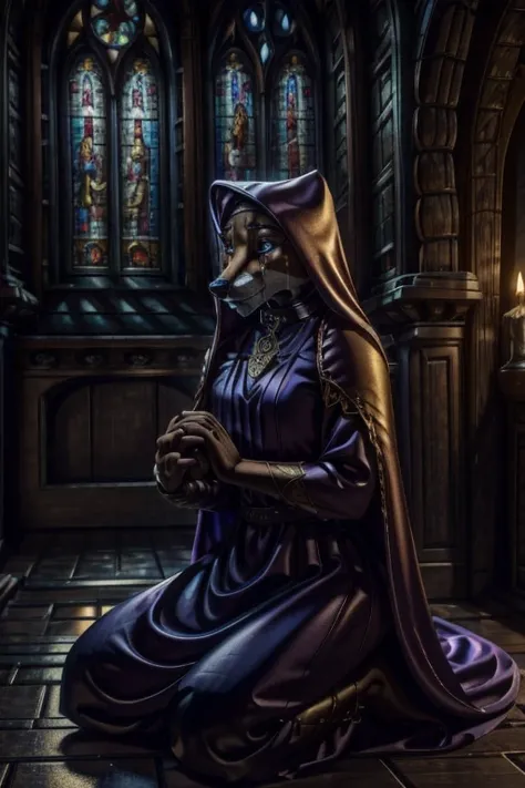 add_detail, masterpiece, best quality, detailed, soft dim lighting, depth of field, anthro, CARTOON_MaidMarian_ownwaifu, half lidded eyes, crying, kneeling, praying, black eyes, two-tone fur, orange fur, tail, barefoot, medium chest, sad, black dress, blac...