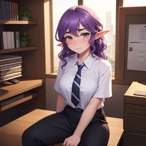 (Solo:1.2), 1girl, 25 years old, very attractive, elf, purple hair (wavy medium haircut:1.3), freckles, thick eyebrows, (wearing white short sleeve shirt:1.3), (wearing blue striped tie:1.2), (black trousers:1.3), blushing, natural beauty, medium breasts, ...