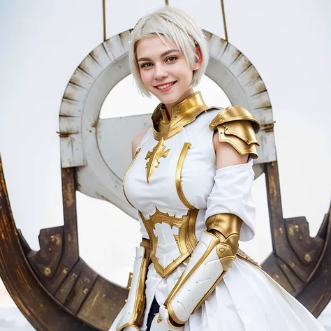 Young woman with short white hair dressed in white clothes with golden details and pinsand an armor plate on the right shoulder smiling creepily