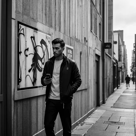 1man, solo, holding phone, cellphone, smartphone, holding phone, jacket, pants, posters on the wall are peeling off, english graffiti on the wall, in the street, monochrome, greyscale, Black and White image