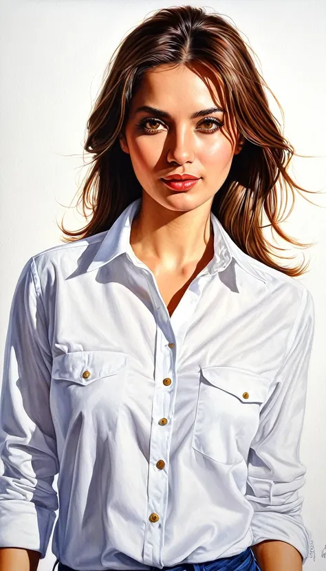 crea una mujer ,con camisa blanca, obra maestra, estilo ilustracion de Ali Erturk, alto detalle, hiperrealista, luz natural,ilustracion , colores llamativos
