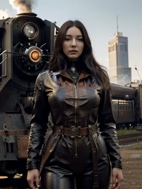 Monica Bellucci, a slender girl in a tight Genuine leather suit,weapons in hands,leather armor,weapon in a holster on the belt? steampunk, against the backdrop of a steam locomotive, (best quality, 4k, highres, masterpiece:1.2), ultra-detailed, (realistic,...