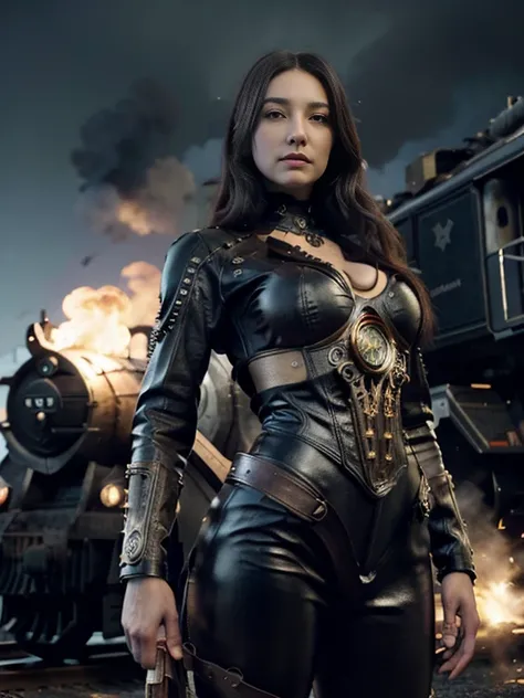 Monica Bellucci, a slender girl in a tight Genuine leather suit,weapons in hands,leather armor,weapon in a holster on the belt? steampunk, against the backdrop of a steam locomotive, (best quality, 4k, highres, masterpiece:1.2), ultra-detailed, (realistic,...