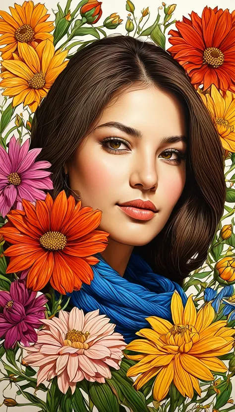 crea una mujer , flores, obra maestra, estilo ilustracion de Ali Erturk, alto detalle, hiperrealista, luz natural,ilustracion , colores llamativos
