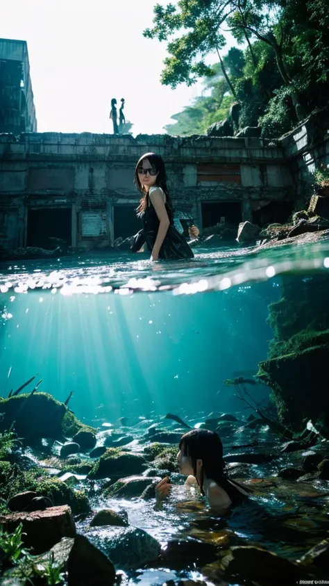 In the water,moss,Showa,Collapse,Devastation,Inside the ruins,Glasses,Women,adventure,Black and White,