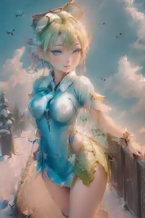 masterpiece, 8k, Perfect lighting, ,Adult , woman, View Viewer, Cinema Lighting, Cowboy Shot,  (Tinkerbell:1.5),( (TinkerbellWaifu:1.1)), Single hair bun, (緑のwinter用コート), (Green clothes), ((Clothes made from leaves)), Pointed Ears, blue eyes, (Fine grain:1...