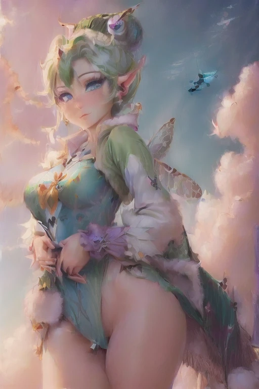 masterpiece, 8k, Perfect lighting, ,Adult , woman, View Viewer, Cinema Lighting, Cowboy Shot,  (Tinkerbell:1.5),( (TinkerbellWaifu:1.1)), Single hair bun, (緑のwinter用コート), (Green clothes), ((Clothes made from leaves)), Pointed Ears, blue eyes, (Fine grain:1...