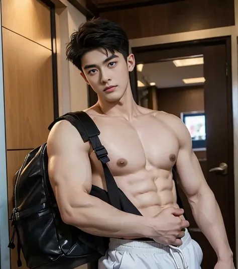 2 young handsome Chinese  guy cuddle，naked,  20yr old，police officers，Interpol，hallways，The gun is handsome，musculous, strong sport body, muscular hairy bodies， dark skin,  Sexy police （Fine eye 1：3）Seduce, Sex Appeals, Alafard man shirtless carrying a bac...