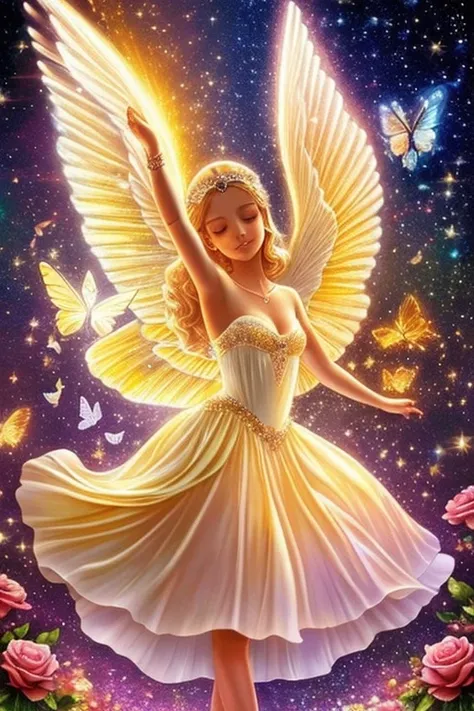 Angels and butterflies, sunny day, dancing glow stars sparkle shine, diamond dust, roses, beautiful, realistic, astral travel