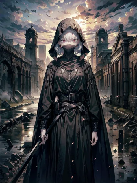 (ruined city), grim reaper, black scythe, robe, absurdres, RAW photo, extremely delicate and beautiful, masterpiece, Best Quality, ultra high resolution, 32k, hyperrealistic, ultra-detailed, detailed description, pale skin, 20 years old, tearful mole, earr...