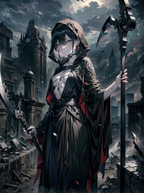 (ruined city), grim reaper, black scythe, robe, absurdres, RAW photo, extremely delicate and beautiful, masterpiece, Best Quality, ultra high resolution, 32k, hyperrealistic, ultra-detailed, detailed description, pale skin, 20 years old, tearful mole, earr...