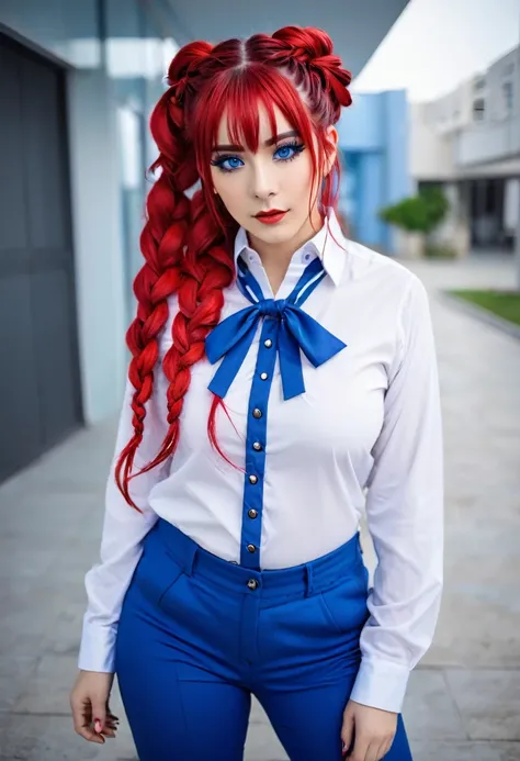 Una mujer , cabello largo rojo con trenzas ojos azules mirando al espectador, flequillo, camisa, mangas largas, camisa blanca, pantalones, adentro, cosplay, cadena, pantalones negros de fondo una oficina 