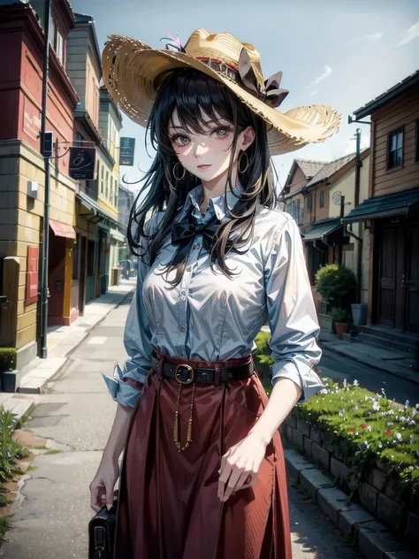 cowgirl, western hat, collared shirt, western fashion, western townscape, absurdres, RAW photo, extremely delicate and beautiful, masterpiece, Best Quality, ultra high resolution, 32k, hyperrealistic, ultra-detailed, detailed description, pale skin, 20 yea...