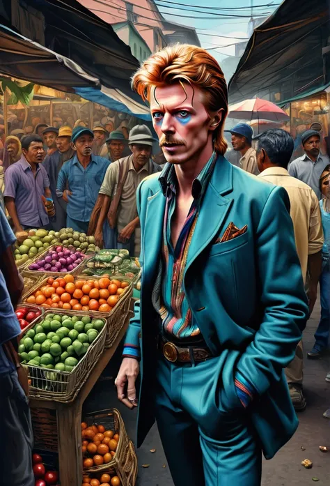 A stunning and intricate color pencil illustration capturing young wandering backpacker photographer David Bowie in a bustling traditional market in Bandung City, Indonesia. He is skillfully positioning himself to capture the perfect street photograph. In ...