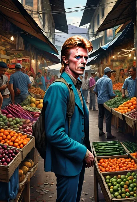 A stunning and intricate color pencil illustration capturing young wandering backpacker photographer David Bowie in a bustling traditional market in Bandung City, Indonesia. He is skillfully positioning himself to capture the perfect street photograph. In ...