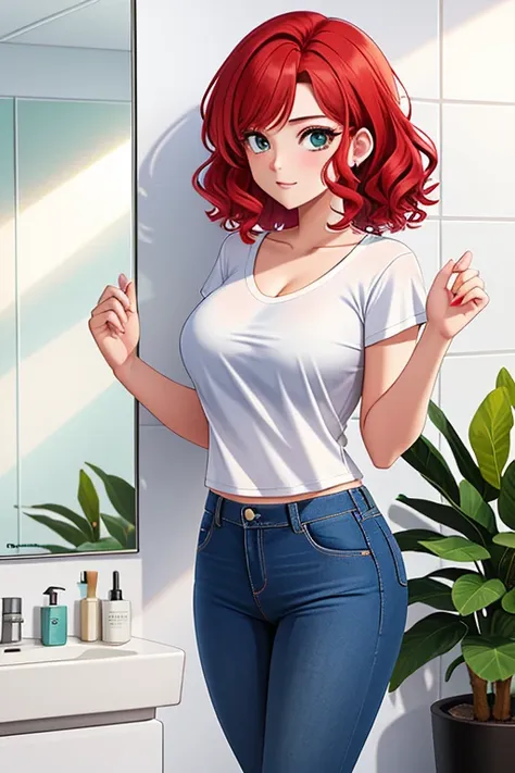 a young 19-year-old redhead stands in front of a broken mirror in the bathroom. her bright red hair falls in curls over her shou...