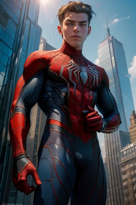 (masterpiece, high resolution, detailed:1.3), Amidst the towering skyscrapers of New York City, a young ((Spider-Man)) perches, ((shirtless:1.5)), revealing a toned physique honed from countless acrobatic swings between buildings. Even ((without the full s...