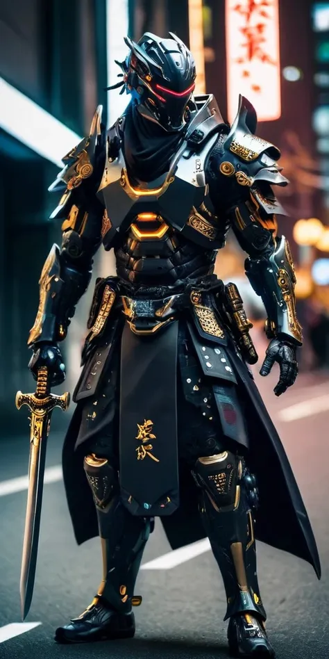 araffe dressed in a black suit holding a sword and a sword, cyborg samurai, cyber japan samurai armor, cyberpunk samurai, very b...