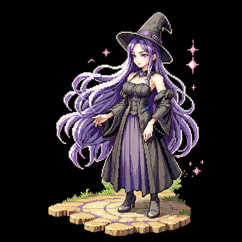 (masterpiece, top quality, best quality), pixel,pixel art,1girl,purple hair,black long dress,big hat,witch clothes,full body