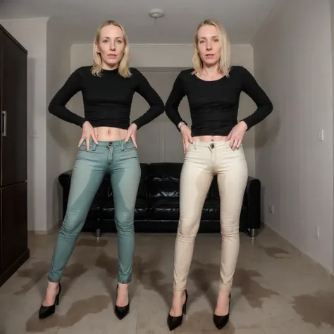 (pp clothes), group photo, 40 year old woman, blonde, skinny jeans, living room, soakingwetclothes, high heel pumps