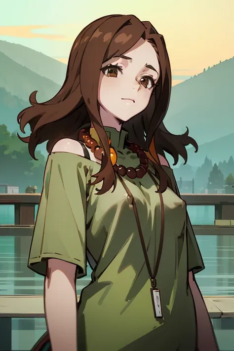 Lake Izu,((highest quality)), ((masterpiece)), (be familiar with),One female,Long Hair, Brown Hair, Brown eyes, Green Shirt,necklace, Hair on one eye, Off the shoulder, Exposing shoulders,((Erect nipples))
