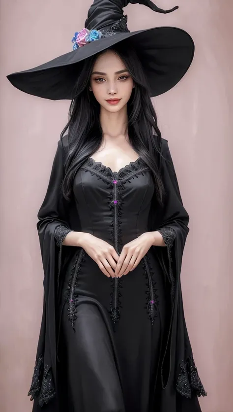 (best quality,4k,8k,highres,masterpiece:1.2),ultra-detailed,(realistic,photorealistic,photo-realistic:1.37),black long dress,big hat,witch clothes,beautiful detailed eyes,beautiful detailed lips,extremely detailed eyes and face,longeyelashes,friendly smile...