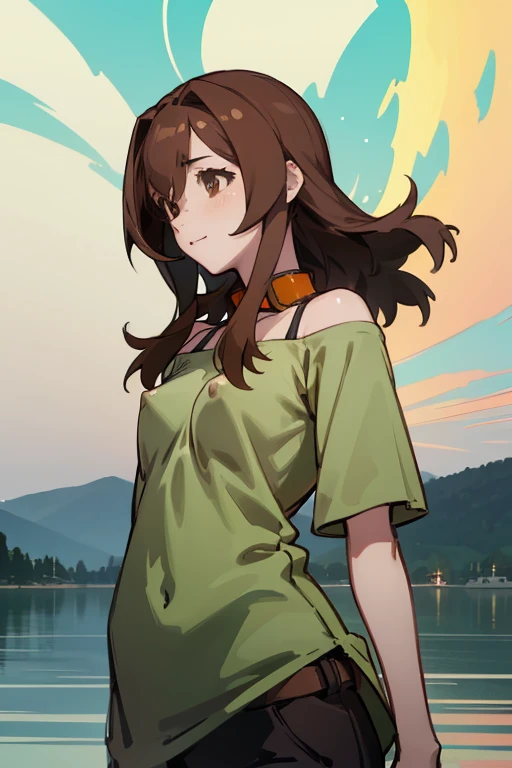 Lake Izu,((highest quality)), ((masterpiece)), (be familiar with),One female,Long Hair, Brown Hair, Brown eyes, Green Shirt,Small breasts, Hair on one eye, Off the shoulder, Exposing shoulders,((Erect nipples))
