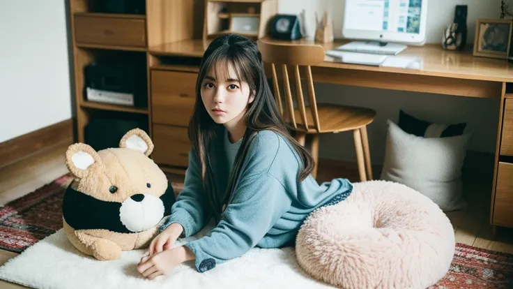 (best quality), natural lighting, hyper detail, 1 girl, japanese celebrity model, displeased look, parallel eyebrows, big breats, looking at viewer, wearing poor clothes, background of messy room, pc desk, sitting floor, cushion, stuffed toy