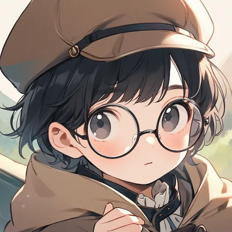 boy, black hair, pastel colors, face close up, adventure, explorer, brown beret, round glasses, simple, black eyes, cute, detect...