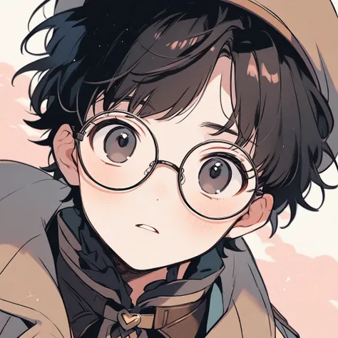 boy, black hair, pastel colors, face close up, adventure, explorer, brown beret, round glasses, simple, black eyes, cute, detect...