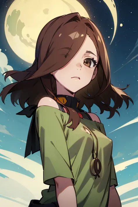 Lake Izu,((highest quality)), ((masterpiece)), (be familiar with),One female,Long Hair, Brown Hair, Brown eyes, Green Shirt,(Small breasts), Hair on one eye, Off the shoulder, Exposing shoulders,((Erect nipples))
