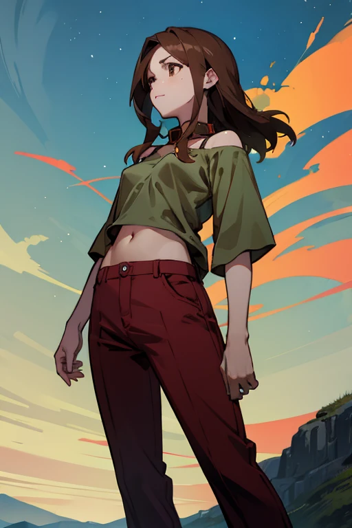 Lake Izu,((highest quality)), ((masterpiece)), (be familiar with),One female,Long Hair, Brown Hair, Brown eyes, Green Shirt,(Small breasts), Hair on one eye, Off the shoulder, Exposing shoulders,((Erect nipples)),Red pants