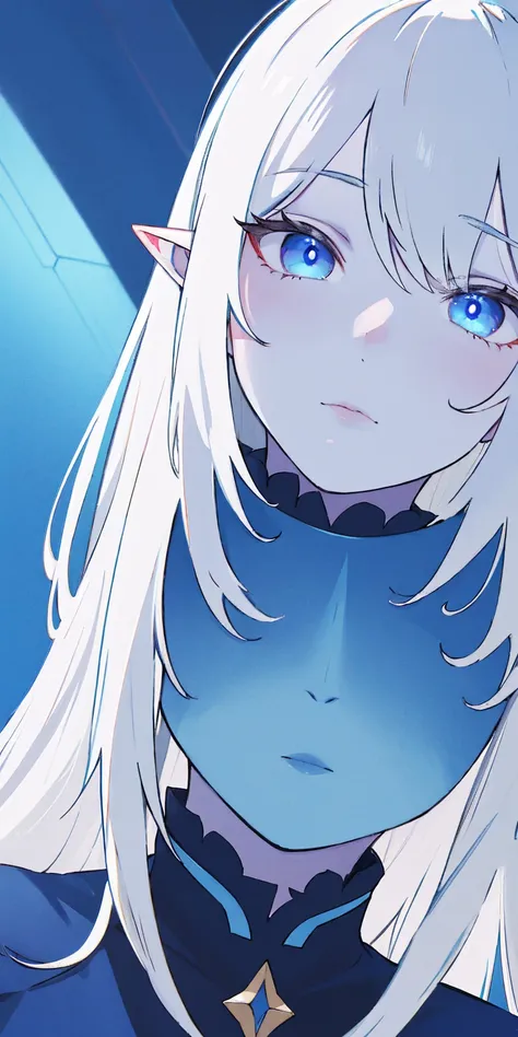 Big, blue skin color, white hair, blue ayes, pointy ears, hyper realistic, ultra detail, high res