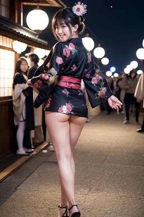 masterpiece, best quality, high quality, detailed, ultra detailed, beautiful, exquisite, insanely detailed, hyper detailed, Japanese festival, delightful, glad, laughing, cheerful grin, smiling, running, looking back, short hair, black hair, wide-eyed, fai...