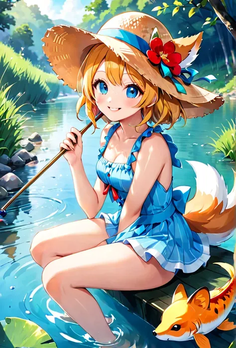 High quality, high definition, hig
h precision images,8k 1 Girl 、light blue one piece,straw hat fishing in the river.Colorful fish are swimming in the river,A cute fox sitting beside smile

