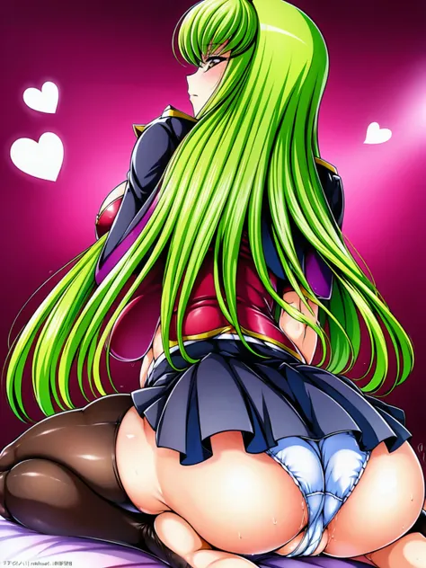 c.c.、code Geass、Green Hair、One Woman、Beautiful woman、Thick thighs、Climax and scream、Best image quality、High resolution、masterpiece、super high quality、Spread your legsしゃがむ、Super big ass、Black Stripe Bra、White panties、Panties are visible through a very short...