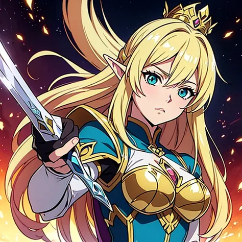 ((a beautiful fantasy empress)), a blonde Elve warrior with emerald green eyes, holding a sword and a sword, alluring Elfe Prinzes, Elfenkrieger, Weibliche Elfe, Elfe Prinzessin, Elf girl, elf rogue, Nissa Genesis Magier, rogue anime girl, a beautiful fant...