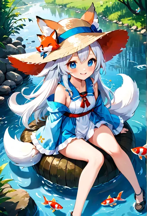 High quality, high definition, hig
h precision images,8k 1 Girl 、long white hair, light blue one piece,straw hat fishing in the river.Colorful fish are swimming in the river,((A cute fox sitting beside ))、smile

