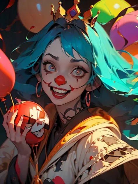 A clown with blue hair and red clown makeup、Surrounded by red balloons, Cute Core Crown Core, 不気味なClown Girl, Scary Clown, Clown Girl, Detailed painting 4k, PortraitDeathClown, Artstation Contest Winner, Goth Clown Girl, deviantart artstation cgscosiety, c...