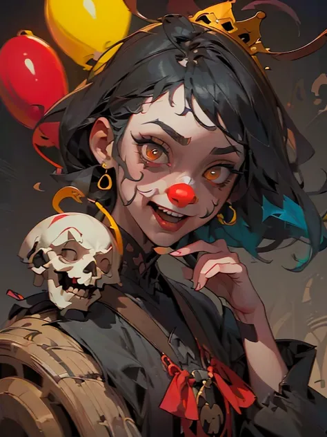 (detailed, highres:1.2), creepy clown girl with blue hair, surrounded by red balloons, portrait of a scary clown girl with red makeup, cutecore crowncore art style, detailed 4k painting