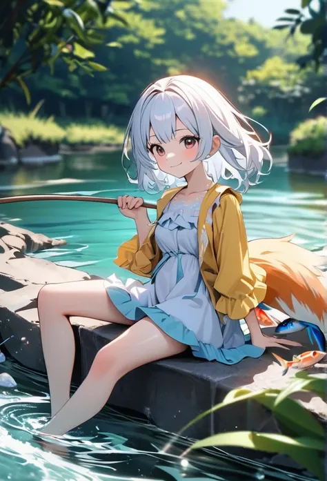 High quality, high definition, hig
h precision images,8k 1 Girl 、long white hair, light blue one piece,straw hat fishing in the river.Colorful fish are swimming in the river,
A cute fox sitting beside 、smile

