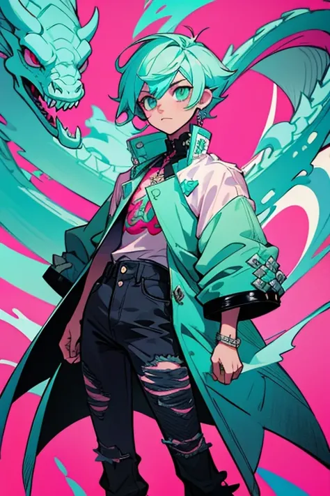 Dragon boy_ white scales with turquoise and pink details_ wearing a stylish coat with abstract details_ ripped black jeans.