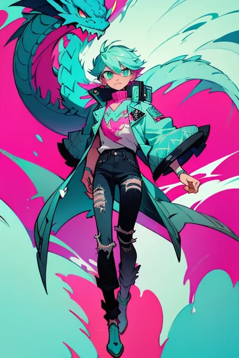 Dragon boy_ white scales with turquoise and pink details_ wearing a stylish coat with abstract details_ ripped black jeans.