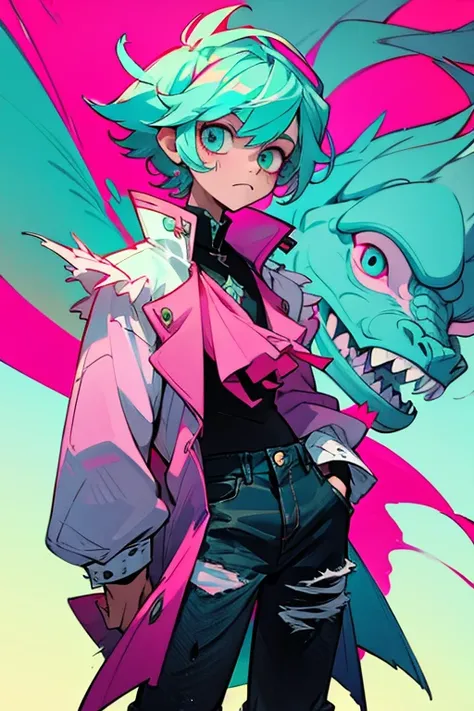 Dragon boy_ white scales with turquoise and pink details_ wearing a stylish coat with abstract details_ ripped black jeans.