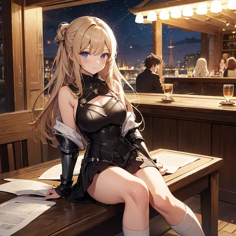 A group of young female knight, (in tavern), various hair styles, harem, wearing armored clothes, metal armor, night, details face, , short skirt, seducing, sword, sleeveless , night, starry night 