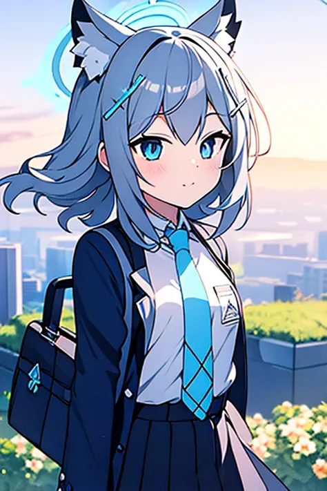 shiroko_bluearchive,school uniform,full body,blue sky,blue theme,outside,full body,little smile,charming smile,[(white background:1.35)::0.25], (bottle bottom:0.9),mid shot, full body, flowers,floating petal,stone fragment, beautiful detailed water,cloud,s...