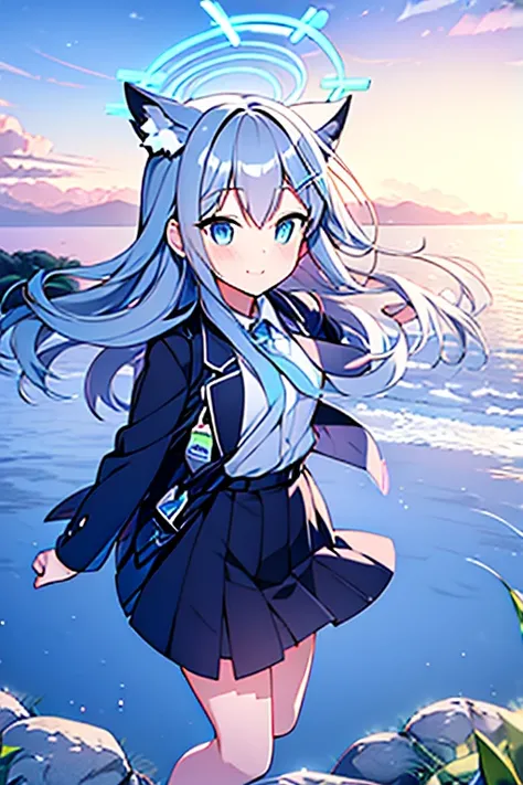 shiroko_bluearchive,school uniform,full body,blue sky,blue theme,outside,full body,little smile,charming smile,[(white background:1.35)::0.25], (bottle bottom:0.9),mid shot, full body, flowers,floating petal,stone fragment, beautiful detailed water,cloud,s...