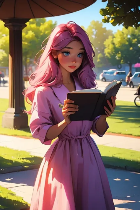 A pink haired woman with violet eyes with an hourglass figure in a summer dress is reading at the park