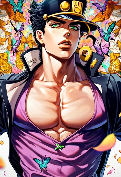 absurdres, highres, ultra detailed, HDR, master piece, best quality, Jotaro Kujo, black hair, black hat, expressive green eyes, jojos bizarre adventure, solo, sexy man, handsome, toned chest, black coat, purple shirt, cross, butterflies, petals, magical