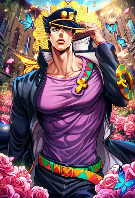 absurdres, highres, ultra detailed, HDR, master piece, best quality, Jotaro Kujo, black hair, black hat, expressive green eyes, jojos bizarre adventure, solo, sexy man, handsome, toned chest, black coat, purple shirt, cross, butterflies, petals, magical